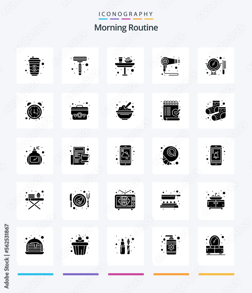 Creative Morning Routine 25 Glyph Solid Black icon pack  Such As mirror. beauty. food. machine. fen