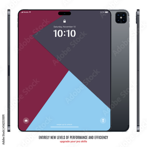 new frameless tablet grey color with colored touch screen saver front, back and side view isolated on white background. mockup of realistic and detailed device with shadow. vector illustration