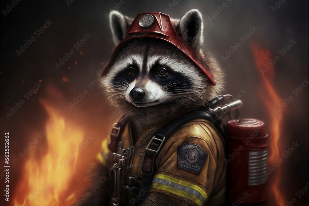 raccoon Wears fireman suit, background Cinematic landscape ...