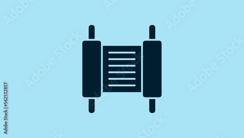 Blue Torah scroll icon isolated on blue background. Jewish Torah in expanded form. Star of David symbol. Old parchment scroll. 4K Video motion graphic animation