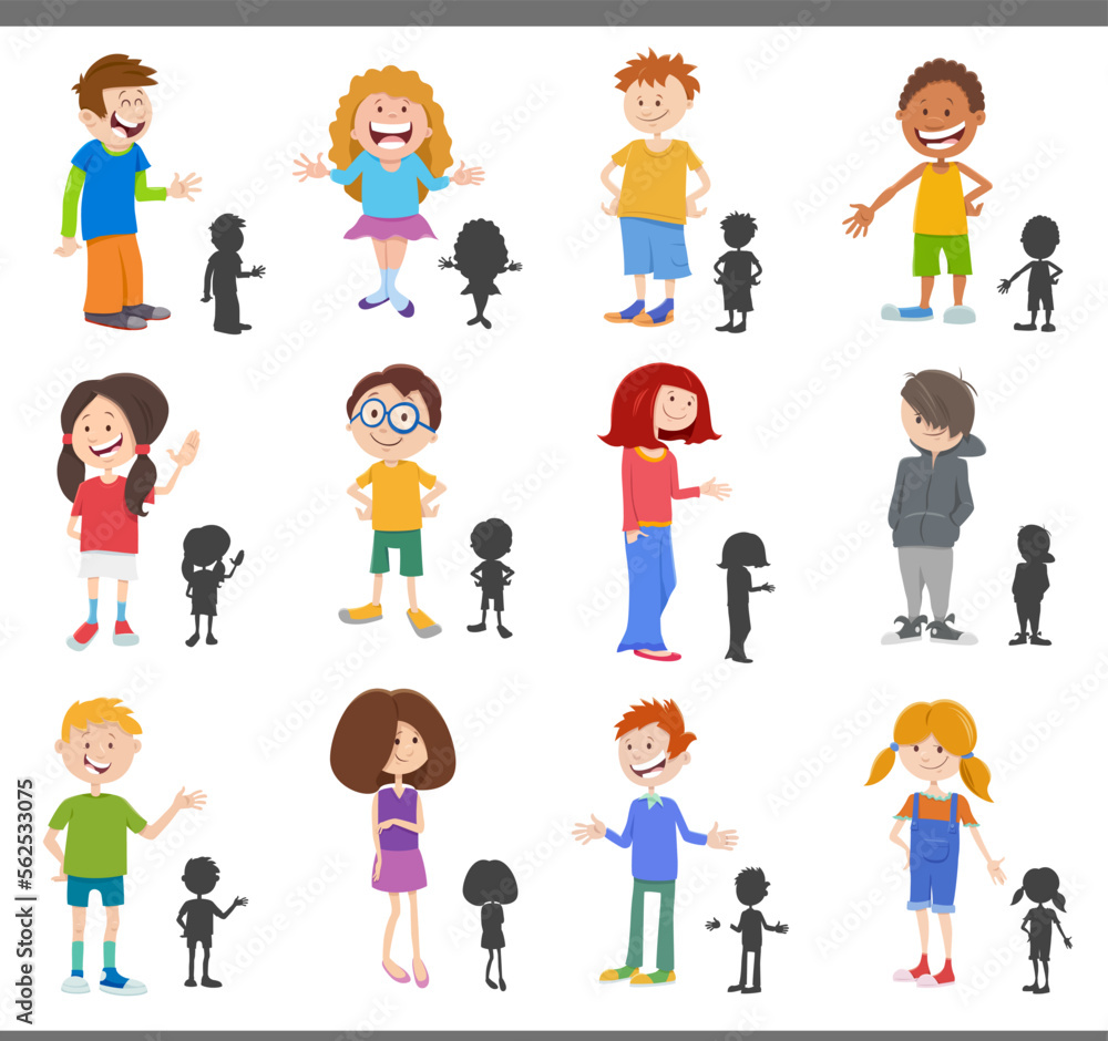cartoon children and teens with silhouettes set