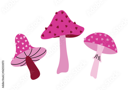 Cute Pink Mushrooms decorated with hearts vector illustration