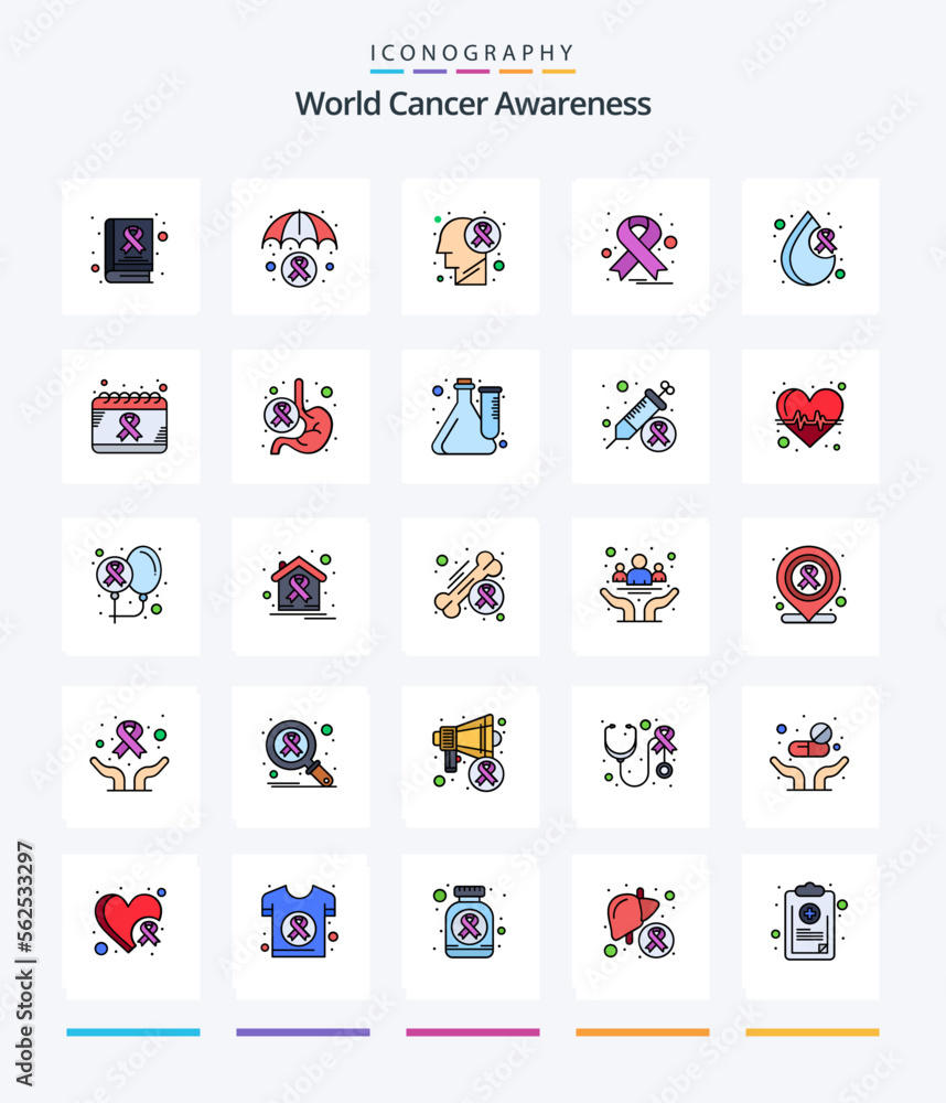 Creative World Cancer Awareness 25 Line FIlled icon pack  Such As day. blood. brain disease. ribbon. cancer