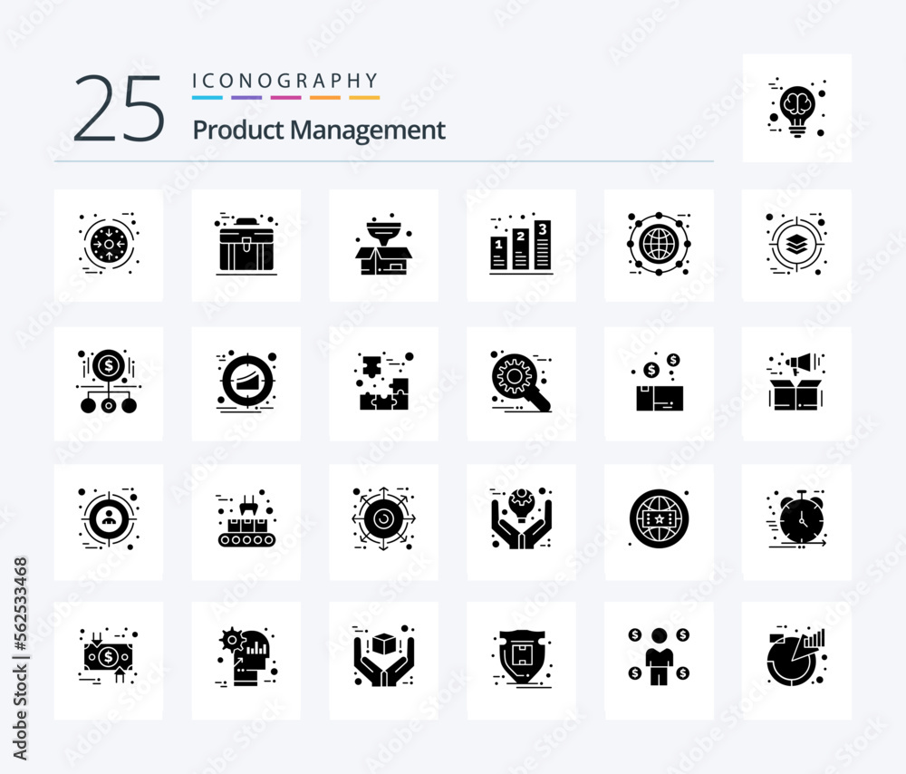 Product Management 25 Solid Glyph icon pack including globe. processing. box. graph. bar