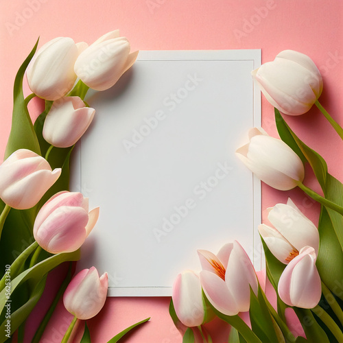 Wallpaper Mural Pink spring tulips with empty white mockup frame on pink background 3D Illustration Torontodigital.ca