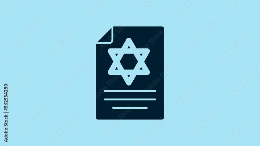 Blue Torah scroll icon isolated on blue background. Jewish Torah in expanded form. Star of David symbol. Old parchment scroll. 4K Video motion graphic animation Blue Torah scroll icon isolated on blue background. Jewish Torah in expanded form. Star of David symbol. Old parchment scroll. 4K Video motion graphic animation