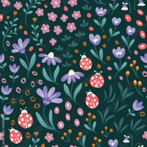 Cute vector floral seamless pattern. Colorful flowers background. Trendy repeat texture for fashion print, wallpaper or fabric.