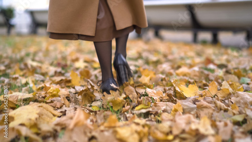 Back view of woman legs walking on golden autumn leaves