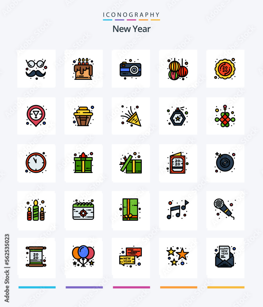 Creative New Year 25 Line FIlled icon pack  Such As sticker. label. camera. year. lantern