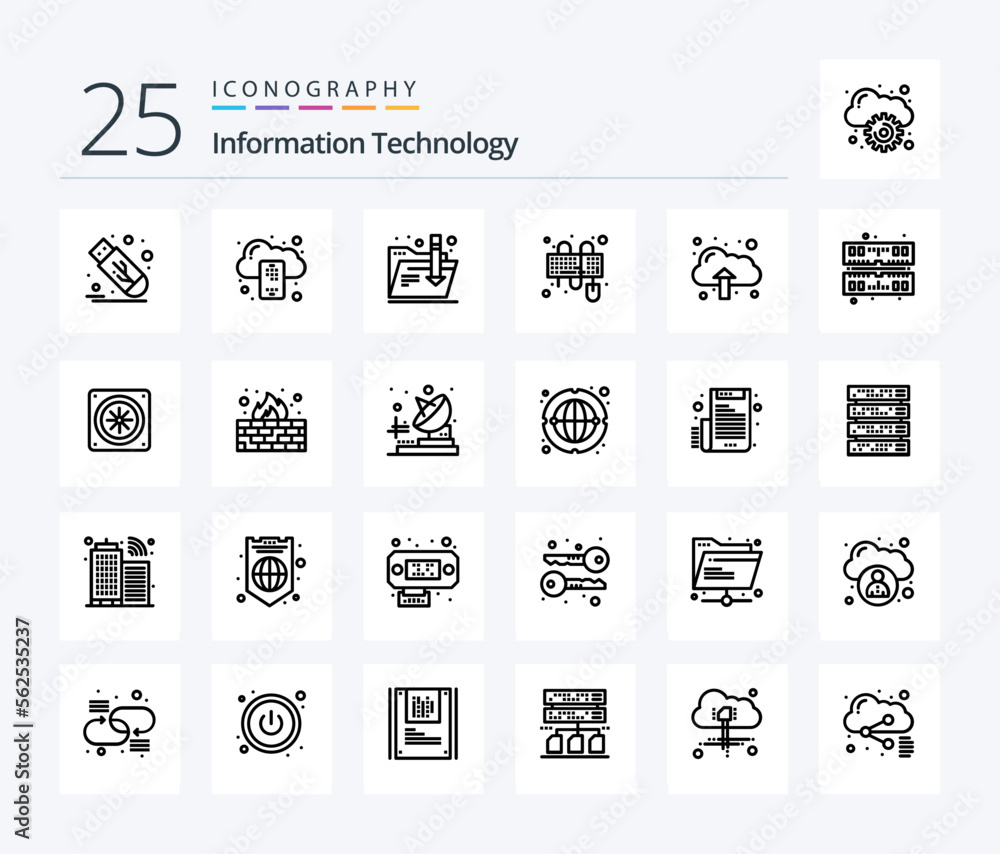 Information Technology 25 Line icon pack including upload. cloud. download. mouse. interface