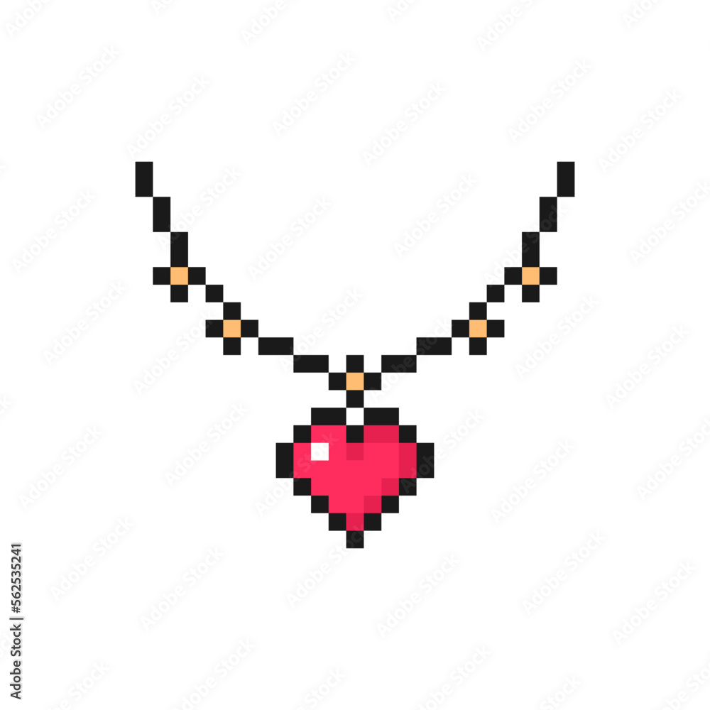 Heart necklace icon in pixel art style. Love symbol for Valentine's Day. Isolated on white background vector sign