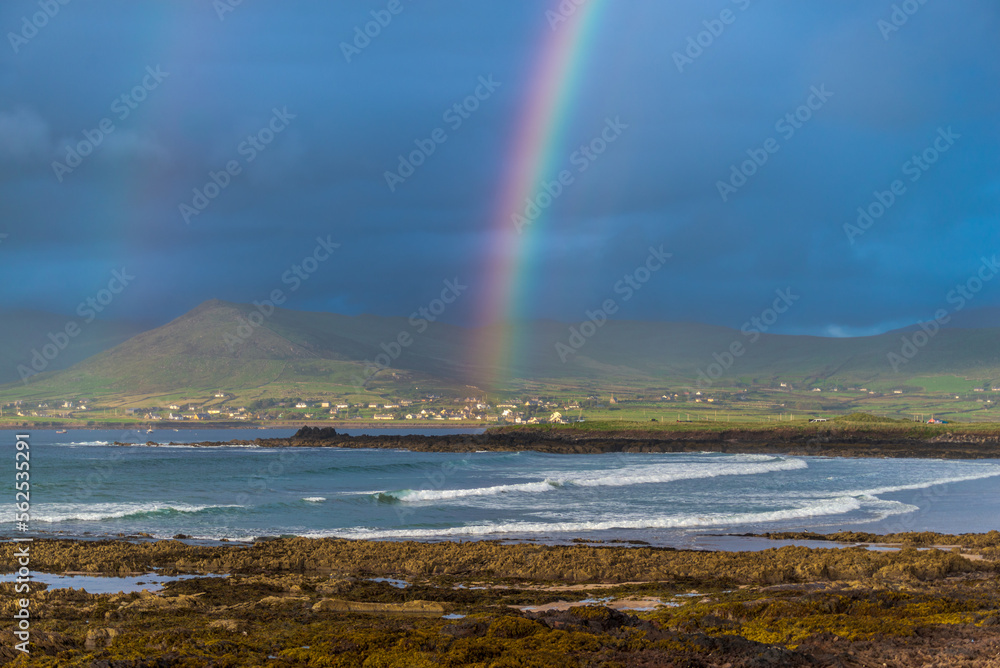 Atlantic Ocean, mountains, beaches and beautiful cloudy skies with rainbows, this is the Dingle Peninsula on Ireland’s Wild Atlantic Way, southwest Atlantic coast Atlantic Ocean, mountains, beaches and beautiful cloudy skies with rainbows, this is the Dingle Peninsula on Ireland’s Wild Atlantic Way, southwest Atlantic coast