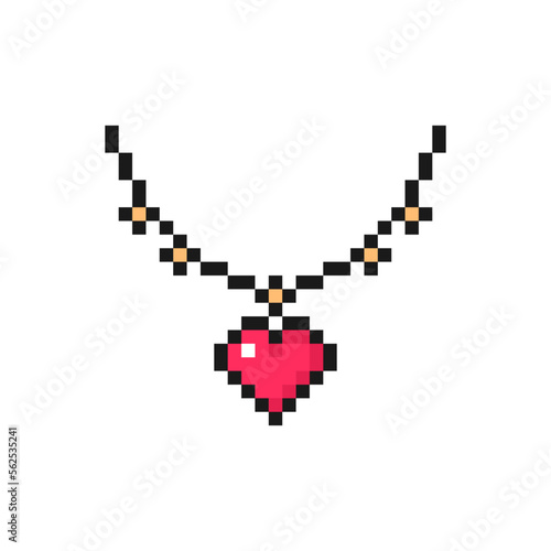 Heart necklace icon in pixel art style. Love symbol for Valentine's Day. Isolated on white background vector sign
