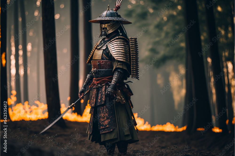 Samurai in traditional armor in the forest, Japanese warrior portrait