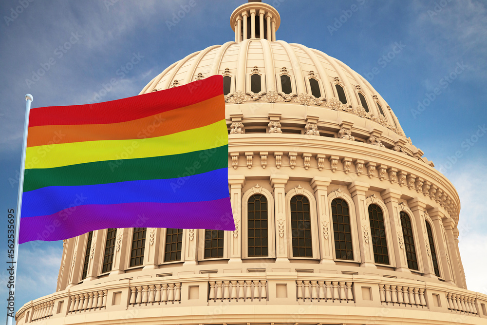 Beautiful flag of LGBT pride waving with the strong wind and behind it the dome of the Capitol USA 3D RENDER, 3D RENDERING LGBTQ, gay pride, LGBTQ+ . .