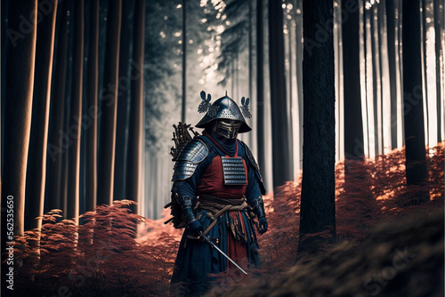 Samurai in armor on the background of the forest, Japanese medieval warrior, art generated by ai