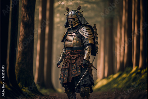 Samurai in traditional armor in the forest, Japanese warrior portrait, ai generated art