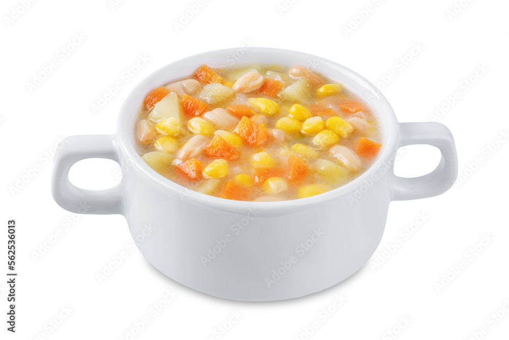 Fresh hot corn white bean potato soup in a bowl on a white isolated background Fresh hot corn white bean potato soup in a bowl on a white isolated background