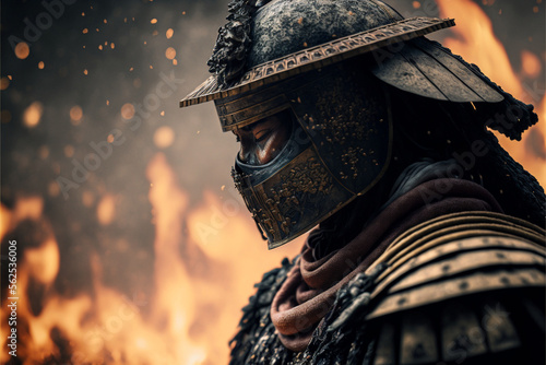Photo samurai in armor on fire background, emotional illustration, cinematic art gener