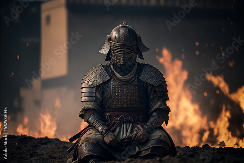 Exhausted samurai in armor, after the battle, fell to his knees, against the backdrop of a burning ruined city, art generated by AI