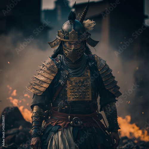 Samurai in armor and mask against the background of a burning ruined city, a portrait of a warrior after the battle, samurai armor, AI generated cinematic art