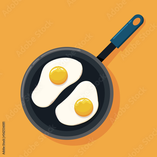 Two fried eggs in a frying pan. Breakfast concept. 