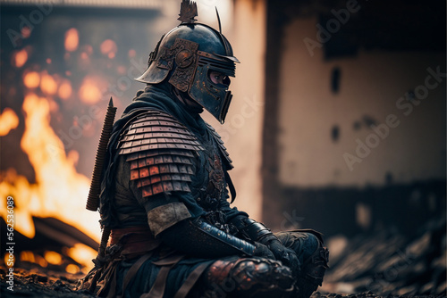 Portrait of an exhausted samurai in armor, after the battle, fell to his knees, against the backdrop of a burning ruined city, art generated by AI