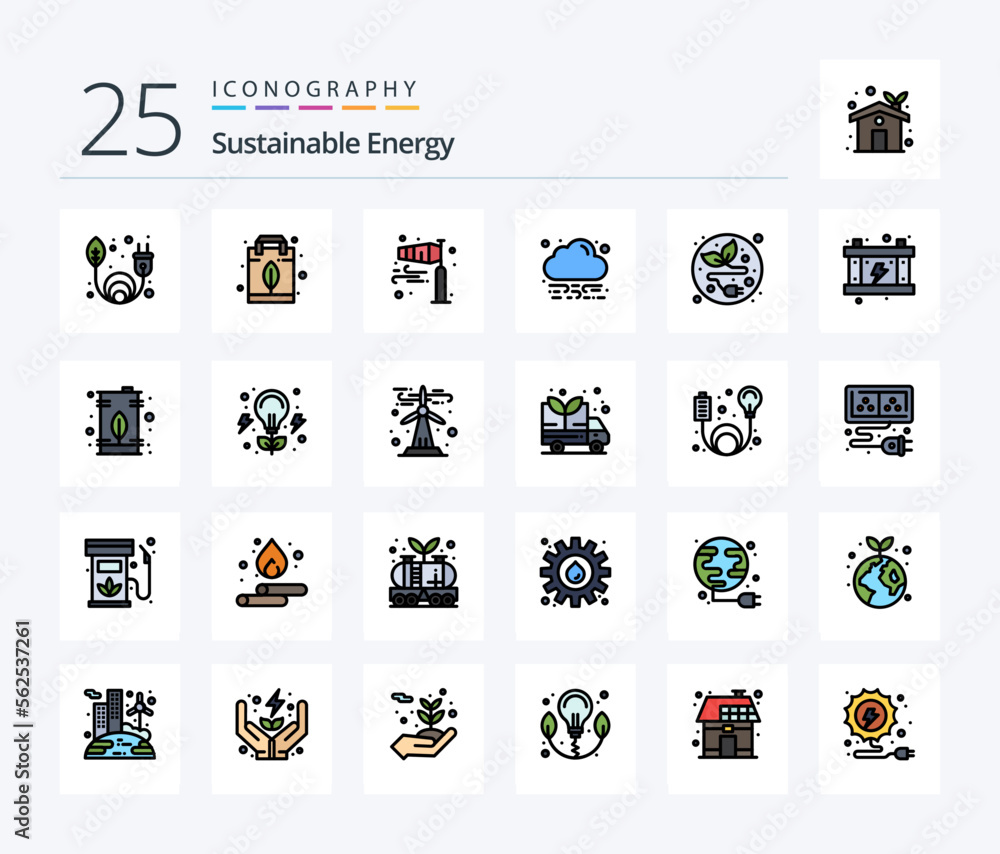 Sustainable Energy 25 Line Filled icon pack including leaf. alternative energy. direction. cloud. energy