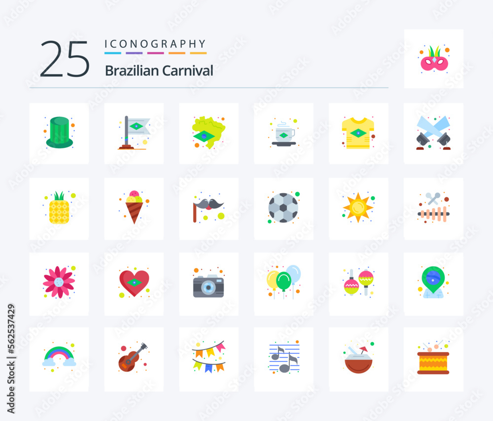 Brazilian Carnival 25 Flat Color icon pack including country. brazil. brazil. flag. coffee