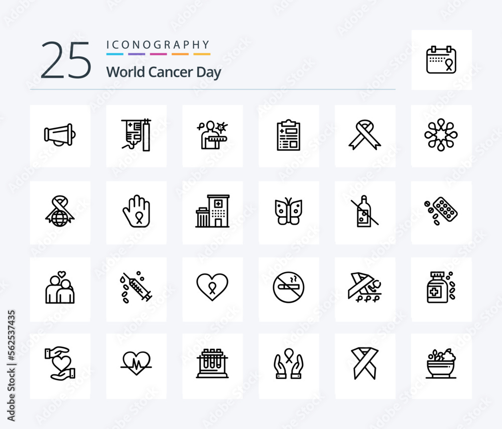 World Cancer Day 25 Line icon pack including stages. disease. hospital. virus. cancer