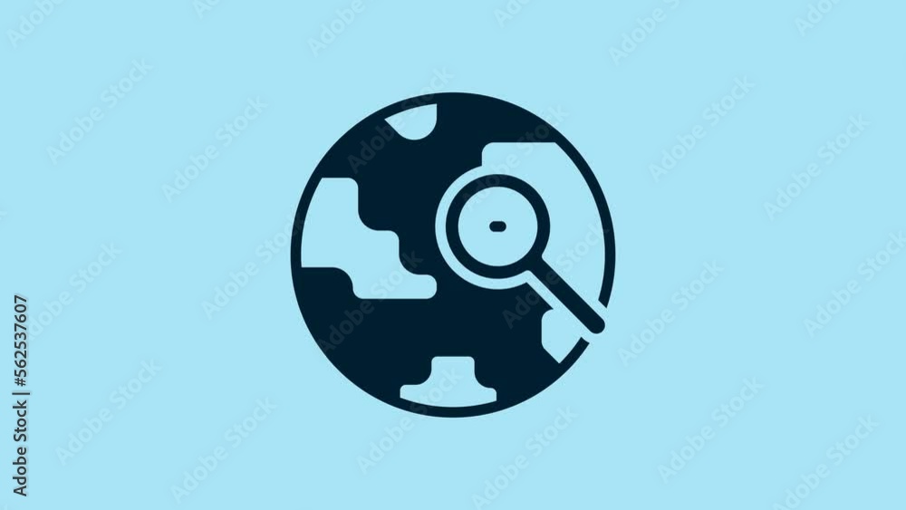 Blue Magnifying glass with globe icon isolated on blue background. Analyzing the world. Global search sign. 4K Video motion graphic animation Blue Magnifying glass with globe icon isolated on blue background. Analyzing the world. Global search sign. 4K Video motion graphic animation