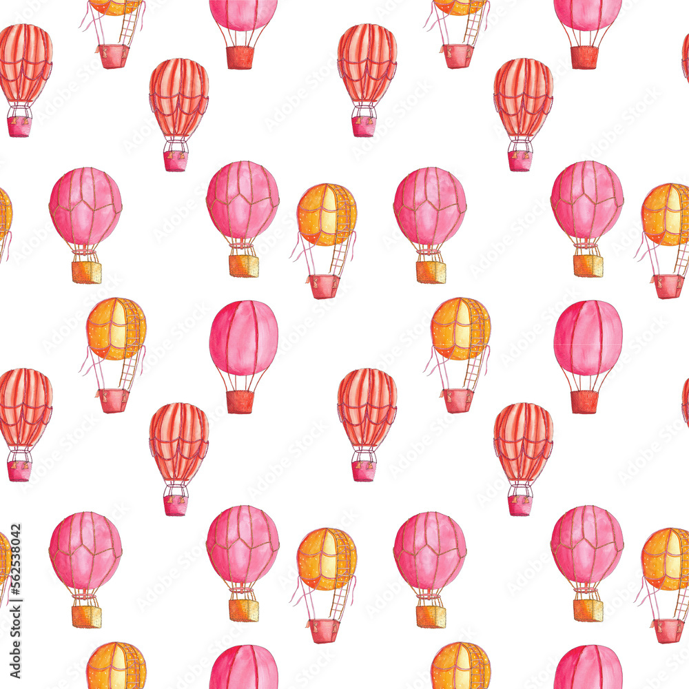 seamless pattern, air balloon with basket, pink pattern, air Transport, baby illustration, print for fabric, wrapping paper, 