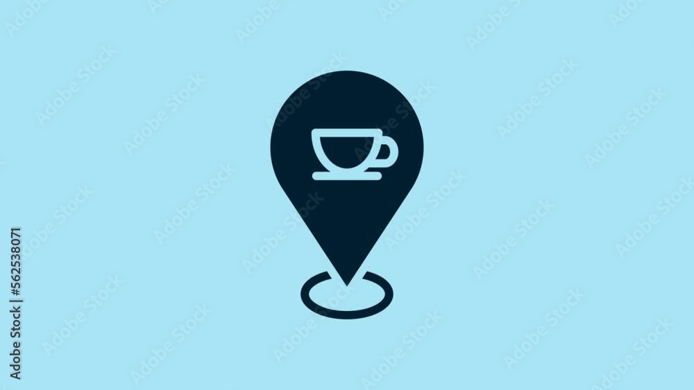 Blue Location with coffee cup icon isolated on blue background. 4K Video motion graphic animation Blue Location with coffee cup icon isolated on blue background. 4K Video motion graphic animation