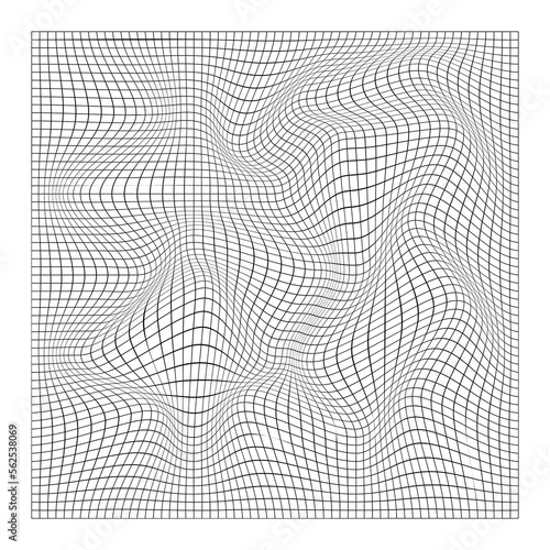 Digital curved grid texture with lines. 3d distorted wave pattern with the effect of illusion. Big data visualization. Vector illustrations.