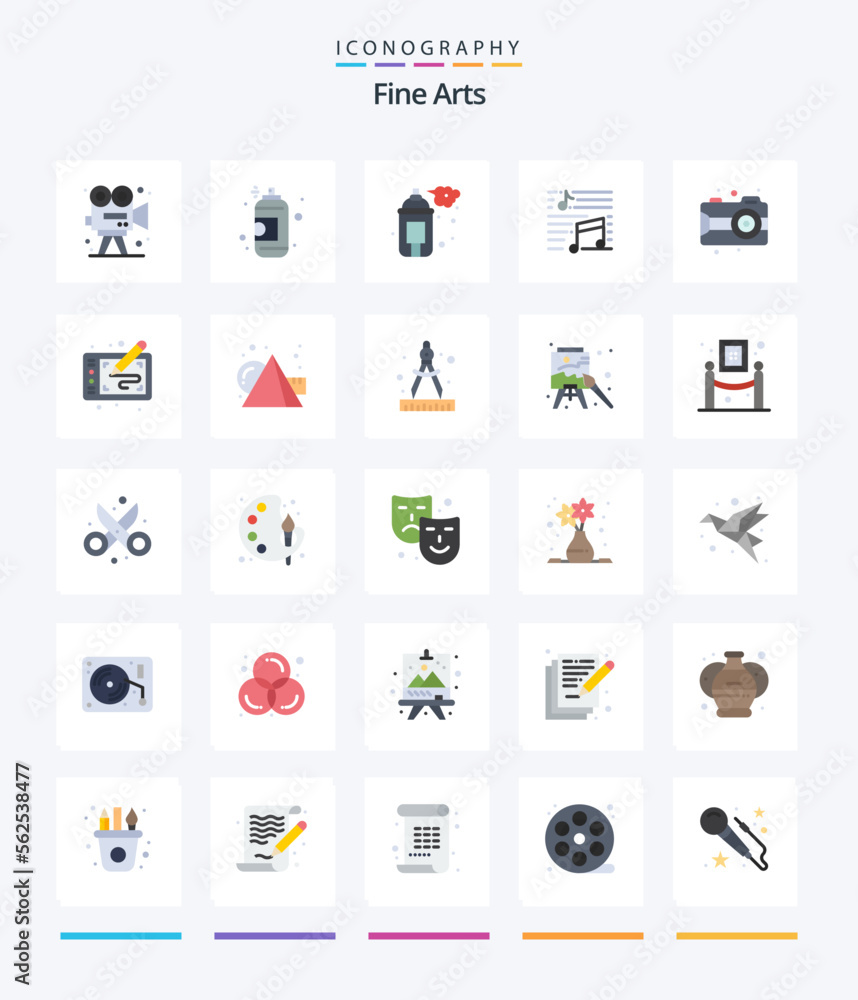 Creative Fine Arts 25 Flat icon pack  Such As camera. arts. paint. art. song