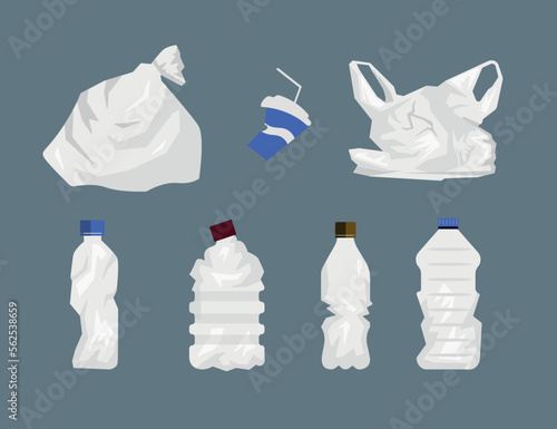 Set of garbage in cartoon style. Vector illustration of contamination of the environment with plastic waste, bottles, bags, plastic cups on gray background.