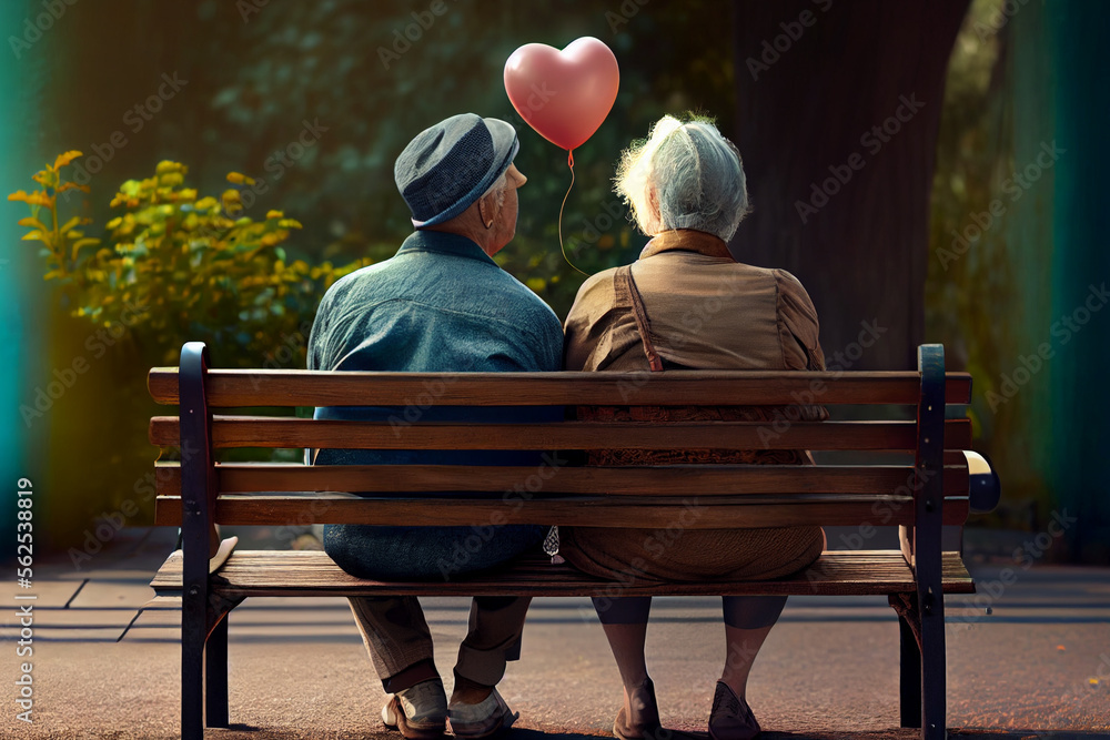 Altes verliebtes Pärchen mit Herzluftballon. Verliebte Menschen zu Valentinstag. Generative Ai - obrazy, fototapety, plakaty 