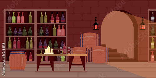 Vector illustration of a modern interior wine cellar. Cartoon interior with table, glasses with wine, candles, barrels, shelves with different bottles of wine.