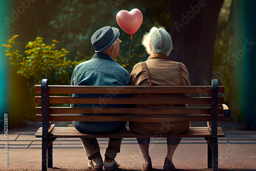 Altes verliebtes Pärchen mit Herzluftballon. Verliebte Menschen zu Valentinstag. Generative Ai photo