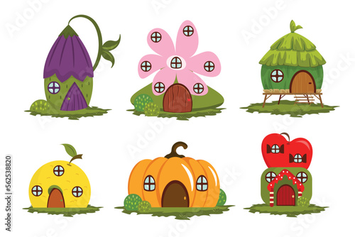 Set of beautiful fairy houses in cartoon style. Vector illustration of houses of gnomes, fairies, elves and other fabulous creatures on white background.