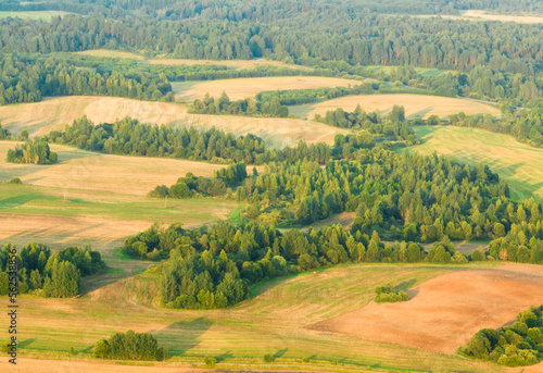 Forest with trees and fields, aerial view. Field in wild nature, aerial view. Wildlife in green background, aerial view. Forest background. Rural landscape. © MaxSafaniuk