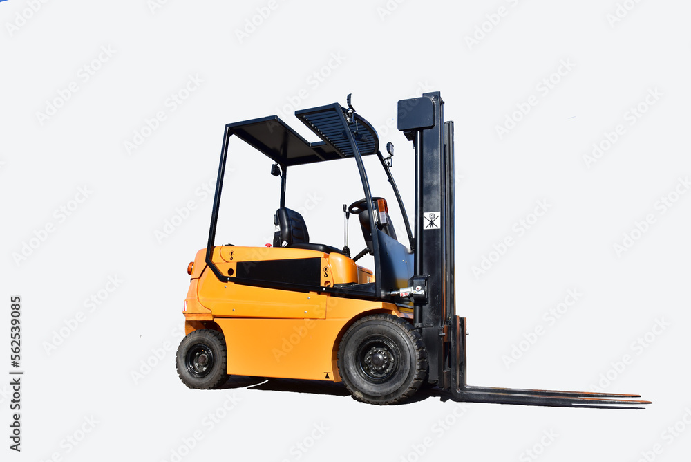 Forklift isolated on white. Warehouse forklift for unloading and loading cargo. Forklift loader for unloading and loading freight semi truck trailer and for warehouse work.