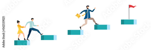 business mentor helps improve, holding stairs steps, mentorship, upskills, climb help, self development strategy flat.