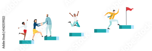 business mentor helps improve, holding stairs steps, mentorship, upskills, climb help, self development strategy flat.