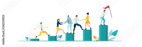 business mentor helps improve, holding stairs steps, mentorship, upskills, climb help, self development strategy flat.