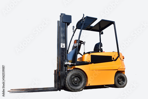 Forklift isolated on white. Warehouse forklift for unloading and loading cargo. Forklift loader for unloading and loading freight semi truck trailer and for warehouse work.