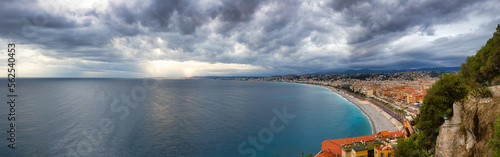 Sandy Beach by Historic City of Nice, France. View from Castle Hill. Cloudy Evening before Sunset. Panorama © edb3_16