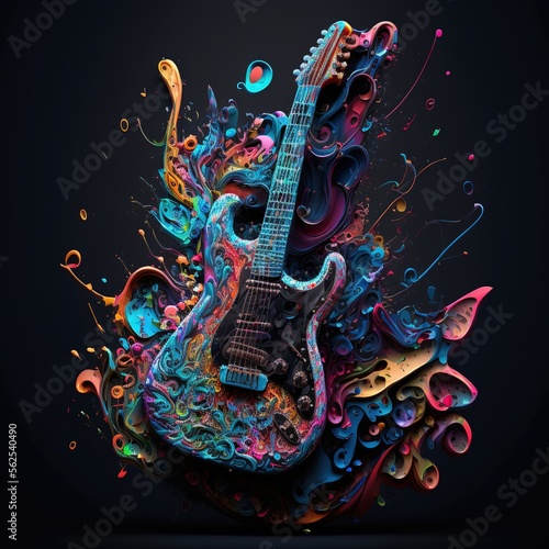 Electric guitar with colorful ink splatters, generative ai