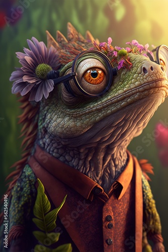 Wise iguana lizard wearing glasses and flowers, generative ai