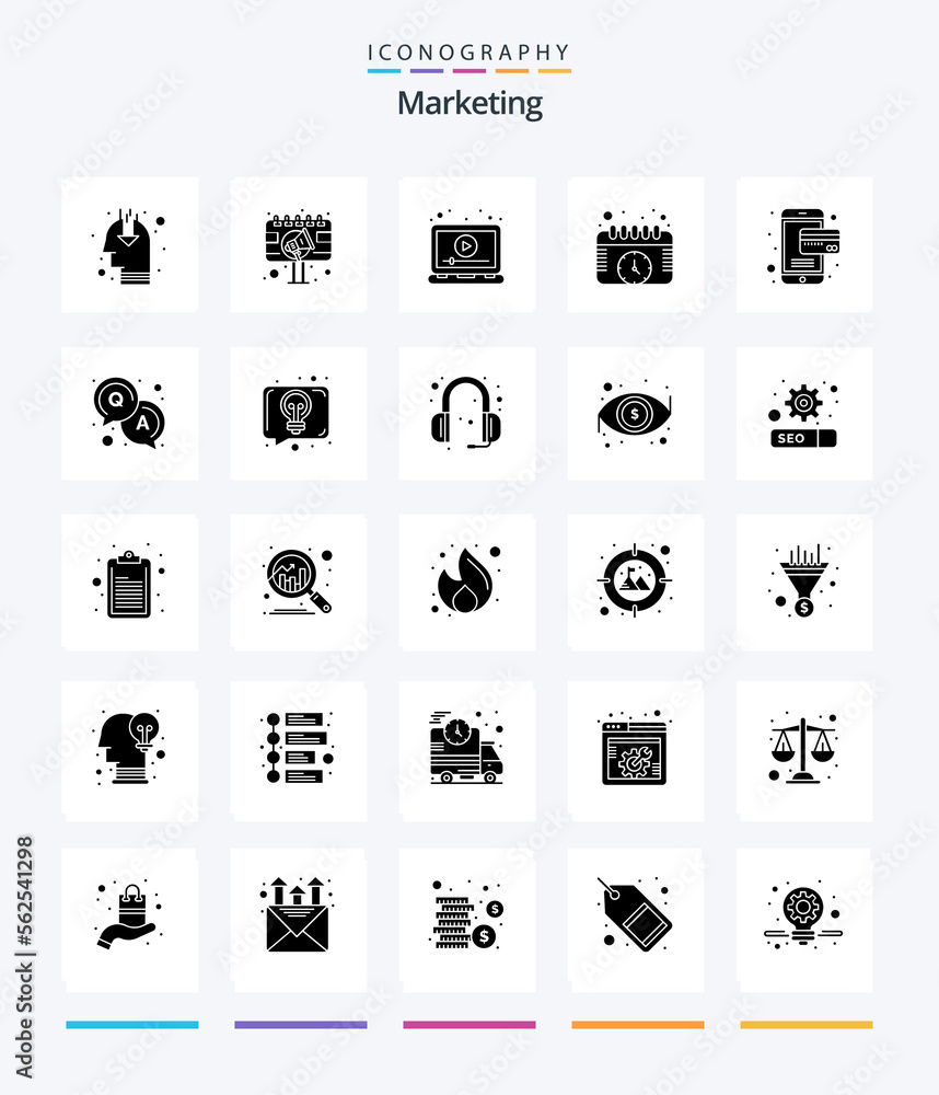 Creative Marketing 25 Glyph Solid Black icon pack  Such As watch. events. sign board. calendar. play